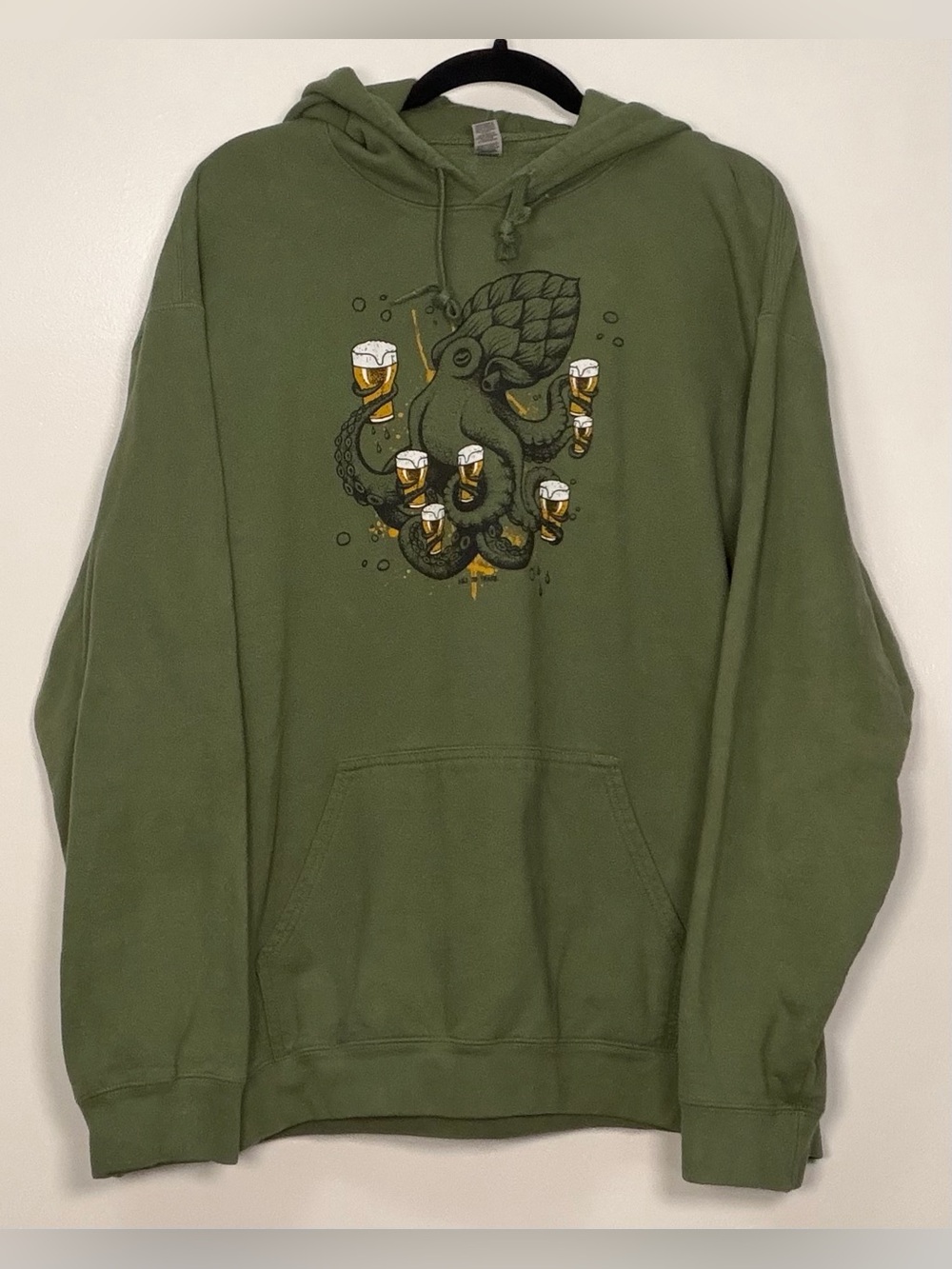 Hoptopus Gildan Olive Green Hoodie-Octopus Holding Beer Graphic